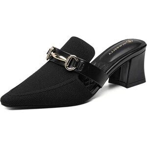 🆕Mousse Fit Black Mesh Knit Mules Women’s Pointed Toe Block Heel Slip-On Slides